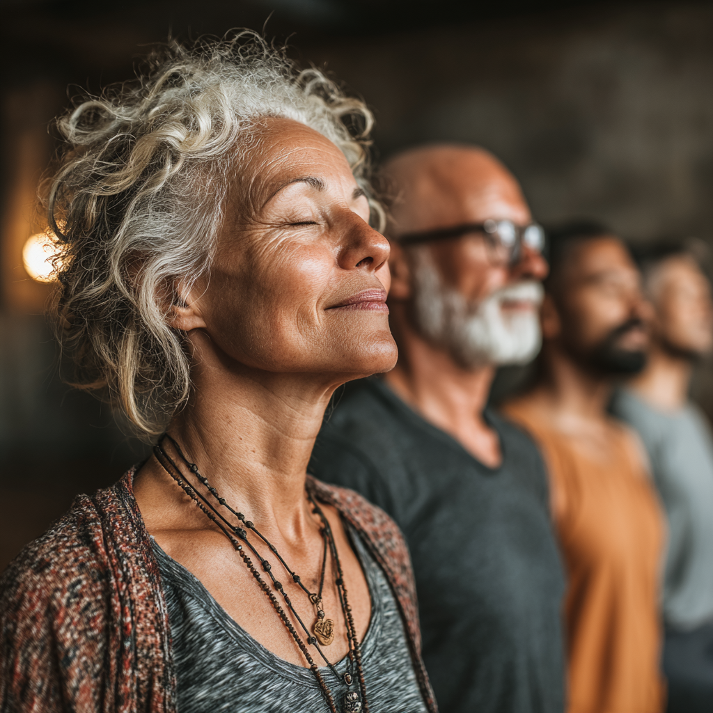 Group of diverse people in their 40s and 50s practicing yoga together in a peaceful studio setting, showing community and wellness