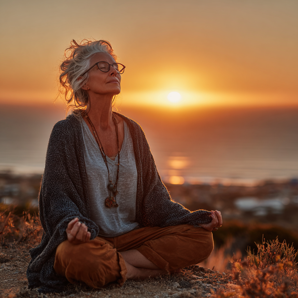 Mature woman in her 40s sitting in lotus position during sunrise meditation, representing peaceful yoga lifestyle and spiritual wellness