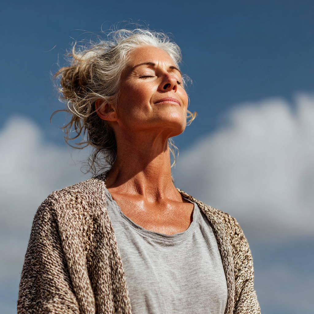 Middle-aged woman in her 50s practicing yoga meditation pose outdoors in natural sunlight, demonstrating inner peace and mindfulness